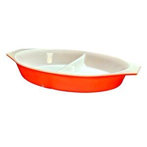 Pyrex Red Friendship Casserole Dish 1.5qt Divided No Lid vtg 70s bakeware bright